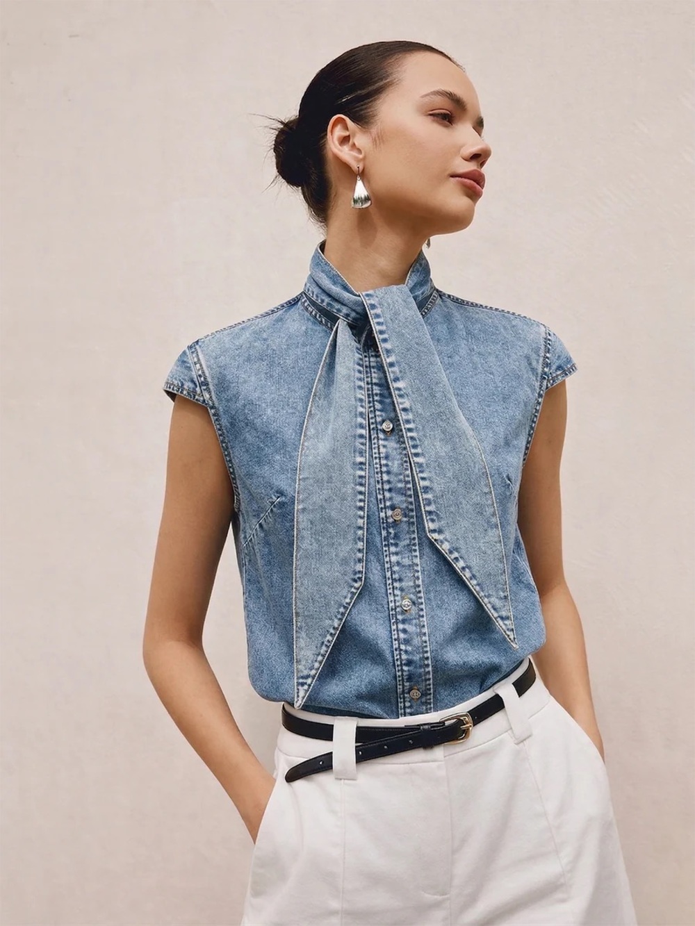 Commense Tie Neck Sleeveless Denim Shirt - Picture 1 of 11